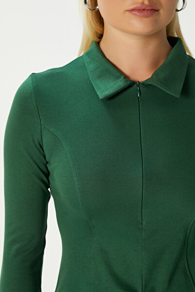 Ritnice Women's Evan Polo Neck Green Zippered Cotton Basic Blouse