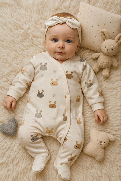 Minizade Tavşan Baskılı %100 Pamuklu Bandanalı Kız Bebek Tulum Set