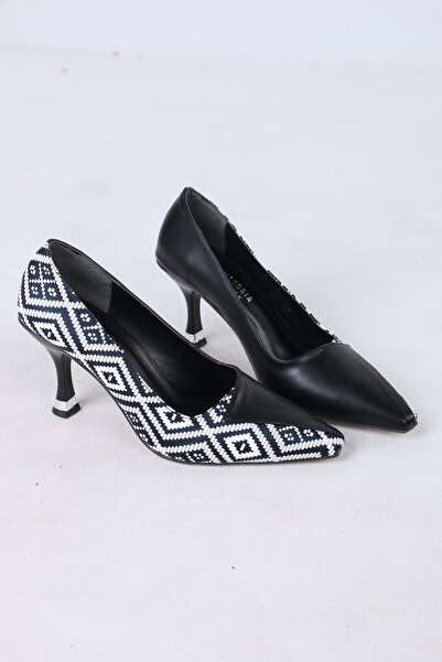 Victoria Desenli Siyah İnce Topuklu Stiletto