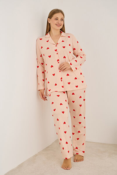 Siyah İnci Salmon Cotton Heart Pattern Long Sleeve Button down Pajama Set