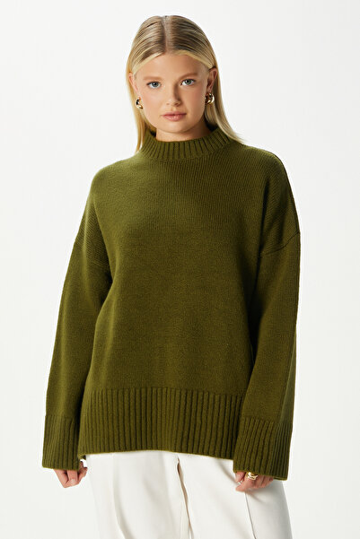 Ritnice Pulover de tricotat oversize pentru femei Homy Softy cu gâtul rotund, kaki