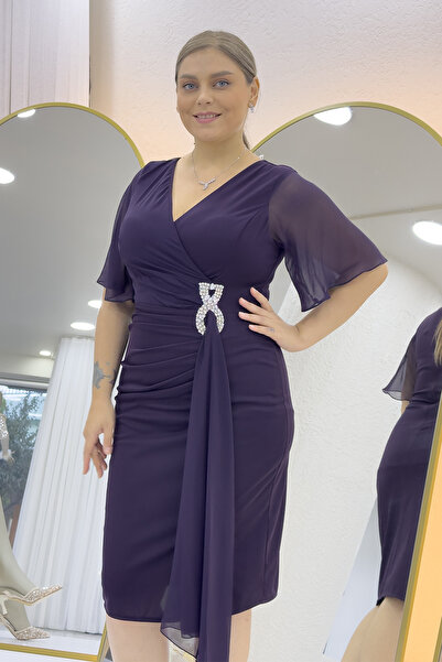 zks grup tekstil Women's Half Sleeve Stone Detailed Midi Length Plus Size Evening Dress Black, Plum, Purple, Navy Blue