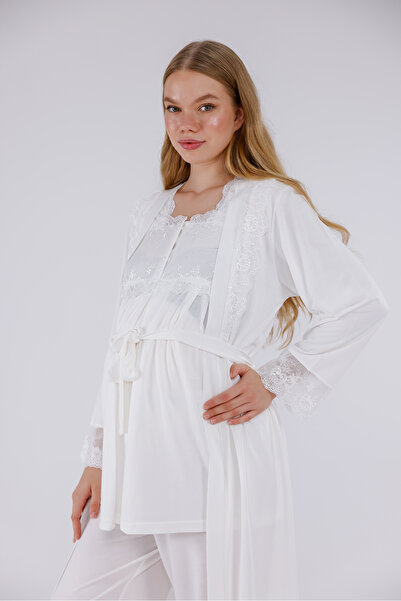 Yulem Homewear طقم بيجامة من 3 قطع بأكمام طويلة من القطن مع ياقة وأكمام مزينة...