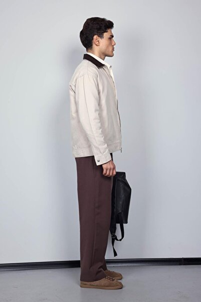 ablukaonline Men's Contrast Collar Regular Fit Denim Jacket Beige