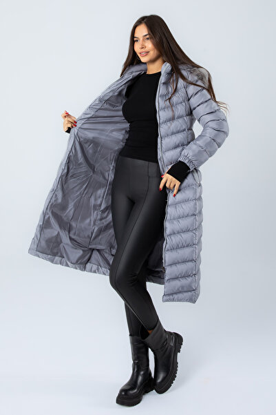 Space Fashion Women's Metallic Gray Long Puffer Jacket