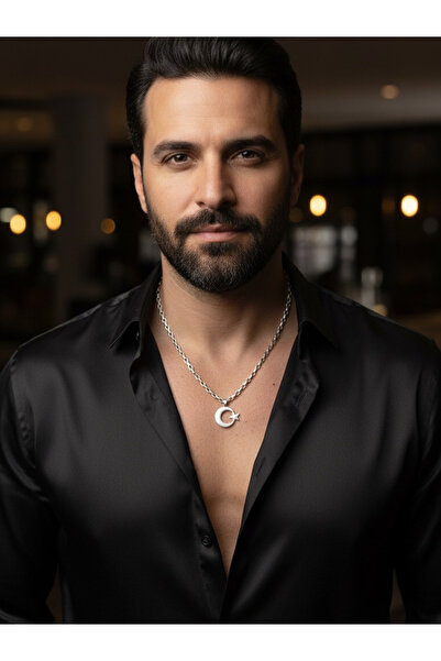 derokas Men's Design 316 L Cube Chain Crescent and Star Steel End Full Steel Non-Tarnish Necklace K