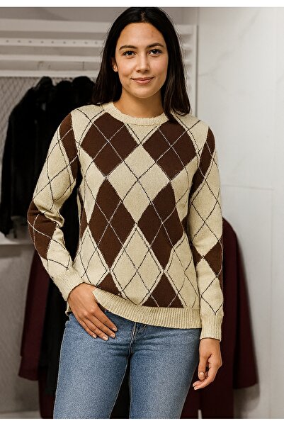 iyzi Women's Baklava Pattern Circular Neck Sweater