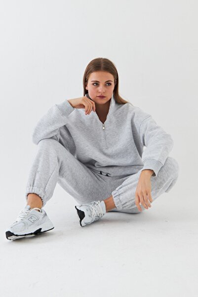 The Champ Clothing Unisex Oversize Σετ αθλητικής φόρμας Basic Grey – Στανταρισμένος γιακάς με φερμουάρ, ελαστικό πόδι, φλις με 3 κλωστές