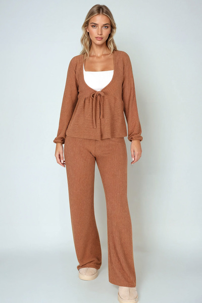 armonika Women's Coffee V-Neck Soft Textured Tie-Front Lycra Pants Two-Piece Set Arm-26K001002