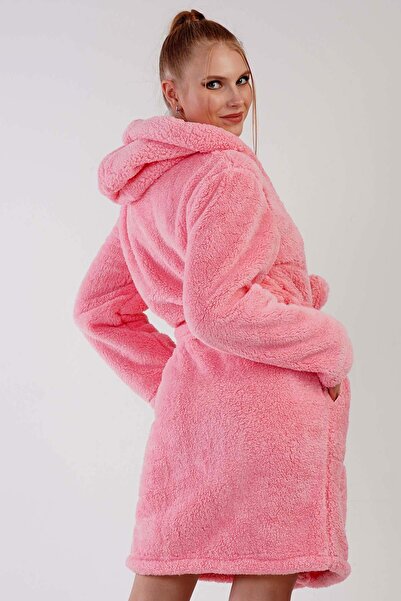 VİENETTA Kadın Pembe Renk Welsoft Kumaş Kapüşonlu Cepli Kuşaklı Midi Boy Sabahlık C9T5N0603