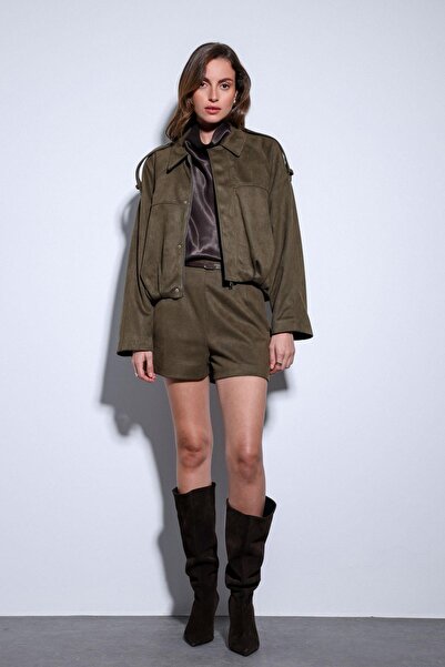 Antioch Khaki Suede Look Bomber Women's Coat
