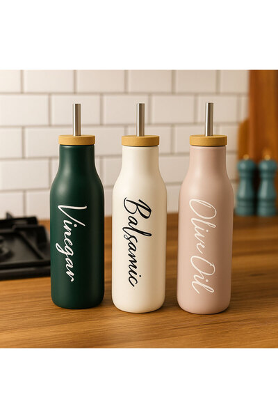 SİHİRLİ AYAKLAR 3-Piece Porcelain Oil-Vinegar-Balsamic Set with Bamboo Lid, Colorful and Stylish, 350ml 20cm