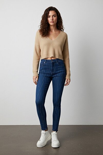 SHEVEGA Women's Cross-Stone Navy Blue Denim Tight Legs