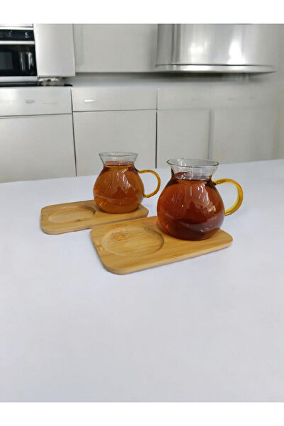 GLRHOME 2'li Bambu tabaklı kulplu tombul borosilkat cam çay bardağı 220ml