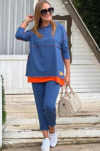 Viyamo New Season Women's Indigo Hooded Skirt with Detail at the Hem, Double Set with Arma Reverse Stitching Look