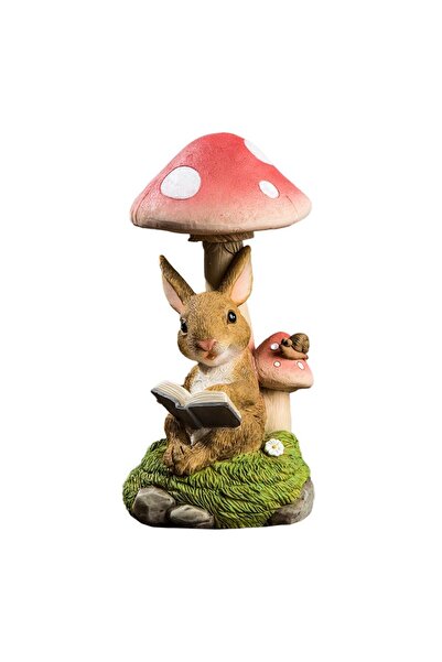 Flippy Garden Decoration - Solar LED Mushroom with Reading Bunny, 19.5x9.5x9.5 cm, Light Brown