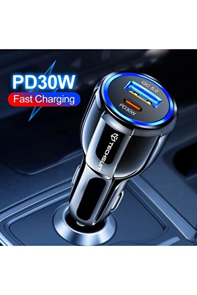 FİL Încărcător auto USB-A QC 5.0 30W, USB-C PD30W, D66, Policarbonat, Techsuit Premium Negru