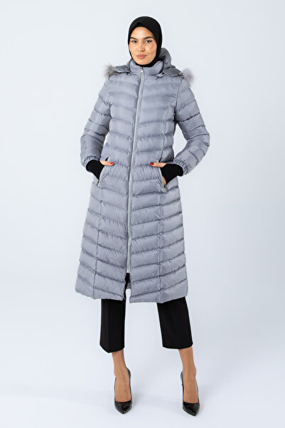 Space Fashion Women's Metallic Gray Long Puffer Jacket