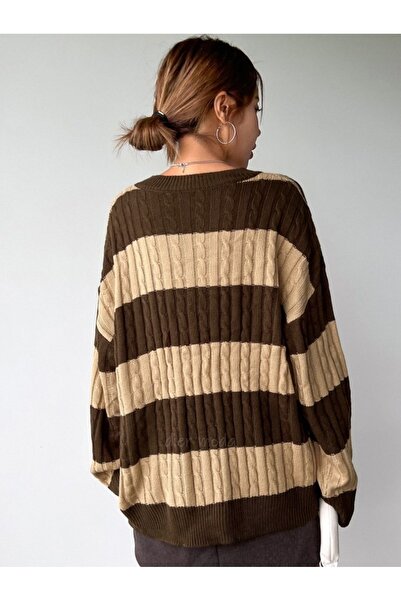 Dier Moda Дамски пуловер с V-образно деколте, прекалено голям размер, ретро плетен, с мотив на плитки fmoda1071