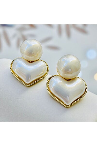 Rachel Silver Pearl Stone Gold Color Heart Model Nail Interlocking Earrings