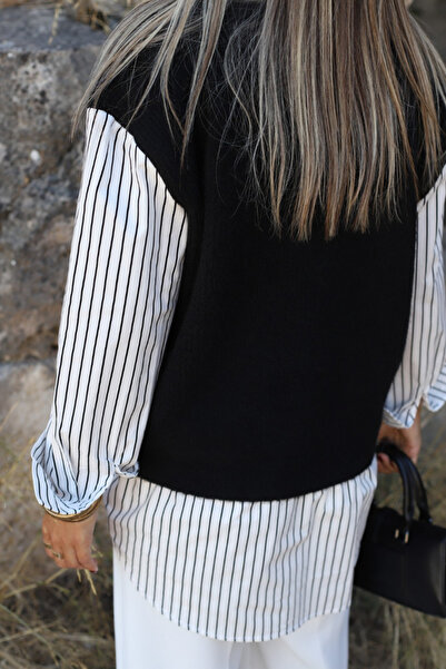 bytugcekaya Cămașă cu dungi cu detaliu de pulover de mărime standard neagră