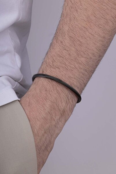 Gümüş Pazarım Knitted Model Black Steel Men's Handcuff Bracelet
