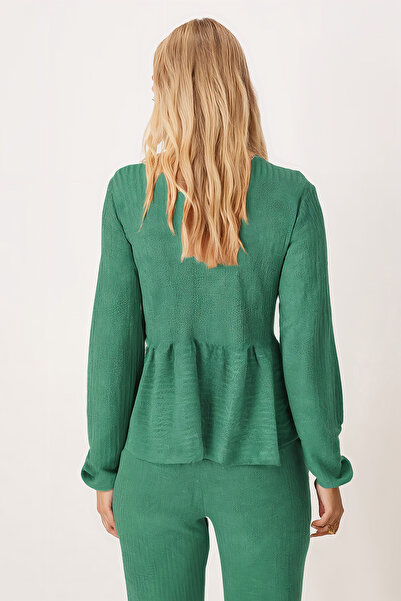 armonika Women's Green V-Neck Soft Textured Tie-Front Lycra Two-Piece Set with Pants Arm-26K001002