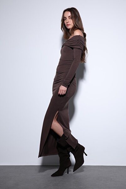 Antioch Kahve Drape Detaylı Aksesuarlı Elbise