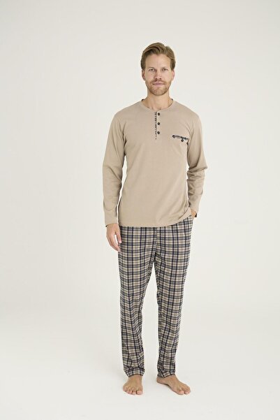 KLY 9223 Set de pijamale pentru bărbați, din bumbac 100% piese, din țesătură în carouri, cu mâneci lungi