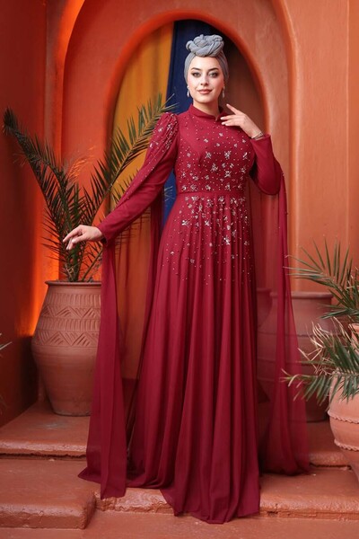 N.S NEVA STYLE فستان سهرة محتشم باللون العنابي مع تفاصيل من الخرز وغطاء رأس 5...