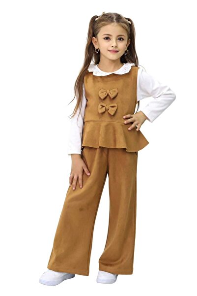 kidsense Girls' Suede 3-Piece Set with Bow and Collar Guipure Detail