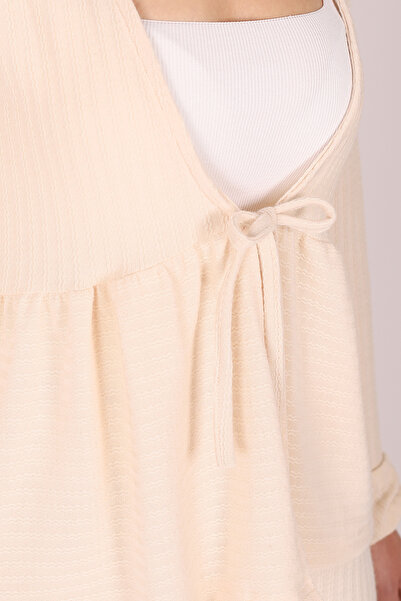 armonika Women's Cream V-Neck Soft Textured Tie-Front Lycra Pants Two-Piece Set Arm-26K001002