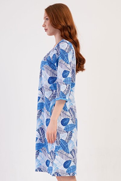 VİENETTA Women's Plus Size Blue Color V-Neck Capri Sleeve Zipper Pocket Relaxed Fit Home Dress C3T5N1804