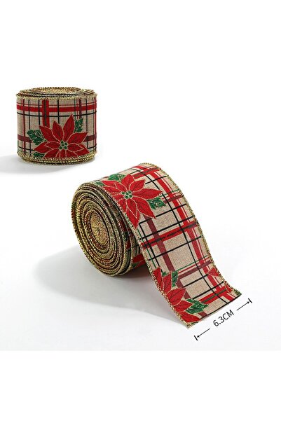 Flippy Christmas Decorative Ribbon with Red Flower Print, 2 x 6.3 cm, Khaki Red