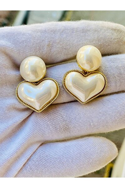 Rachel Silver Pearl Stone Gold Color Heart Model Nail Interlocking Earrings