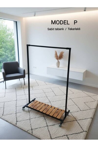 NovaLand Metal Tek Ahşap Raflı Konfeksiyon Ayaklı Elbise Askılık Tekerlekli 1...