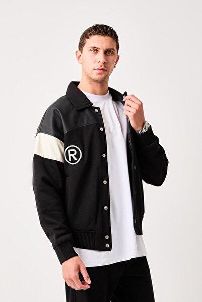 Rocqerx X-2005 Front and Back Embroidery Detailed Leather Trimmed Three-Thread Embroidered College Coat