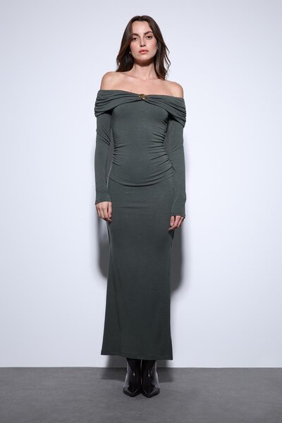 Antioch Khaki Drape Detailed Dress with Accessories