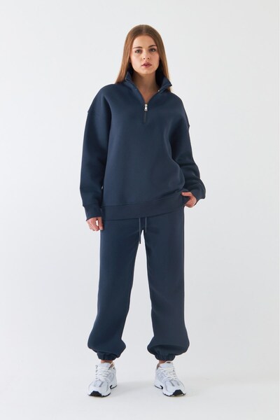 The Champ Clothing Unisex Oversize Σετ αθλητικής φόρμας Basic Marine – Στανταρισμένος γιακάς με φερμουάρ, ελαστικό πόδι, 3-κλωνο φλις