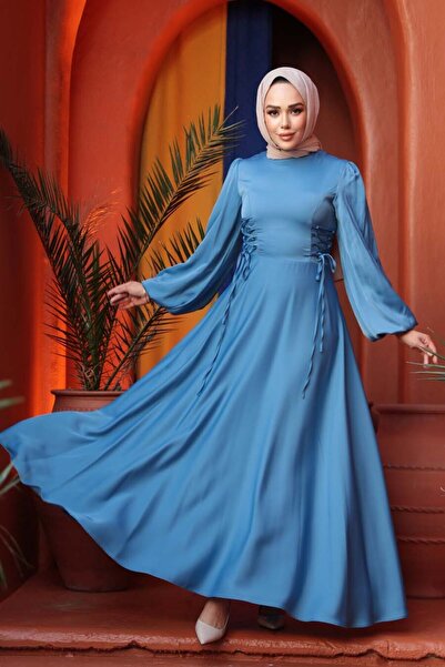 N.S NEVA STYLE - Rochie de seara din satin albastru cu maneci balon 61501M