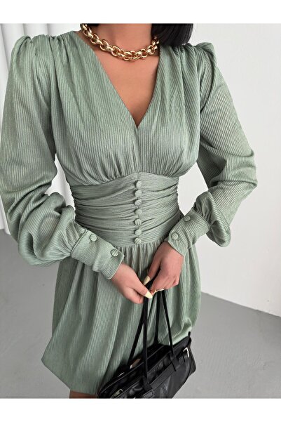 orjinal blue b Women's Celestia Dress Front Buttoned Simple Elegant Dress New Season