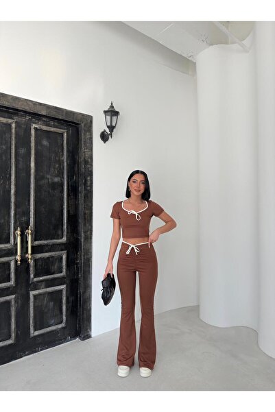 aytenli Asymmetrical Collar Lace-Up Detailed Ribbed Crop Pants Diver Two-Piece Set