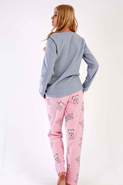 VİENETTA Kadın Taş Renk Uzun Kollu Bisiklet Yaka Düz Paça Polar Pijama Takımı C2T7N1303