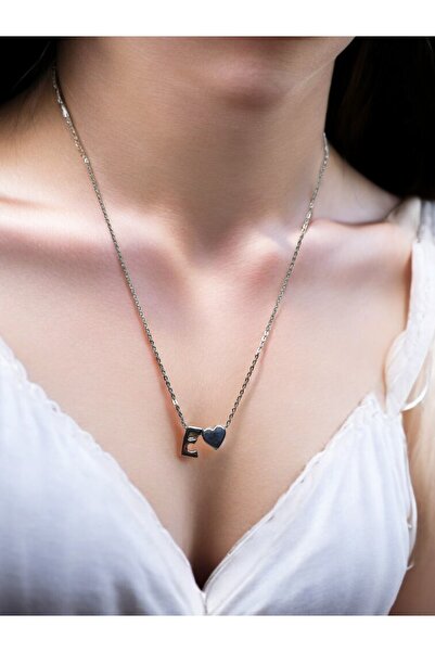 renery E Harfi 316l Paslanmaz Çelik Zincir Gümüş Kaplama Kolye Hediye Kalp Se...