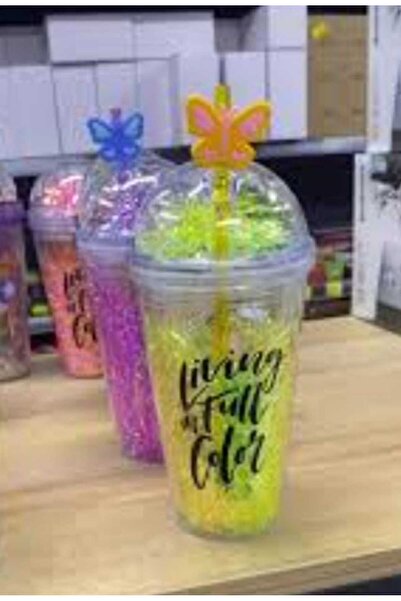 MutfakMarket Cup with Straw, Water Bottle, Cute Drinking Bowl, 450 Ml, Double Layered with Tassles