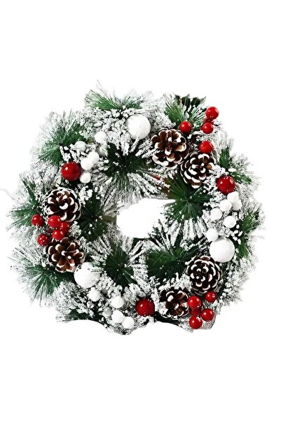 Flippy Χριστουγεννιάτικο Στεφάνι Flippy, 32 εκ., Χιονισμένο Τεχνητό Έλατο, Κώνοι και Κράνμπερι, Πράσινο/Λευκό