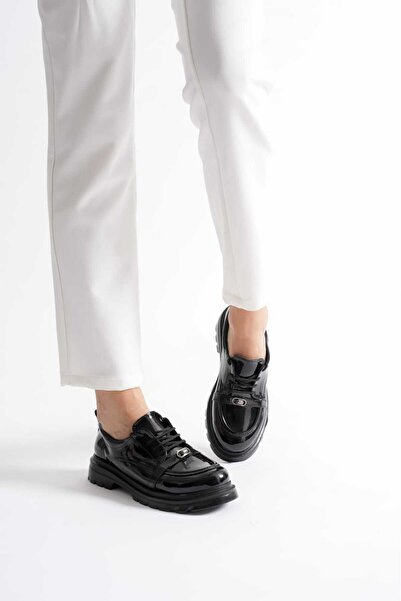 FEYZ BUTİK siyah rugan loafer tokalı bağcıklı şık rahat günlük ayakkabı