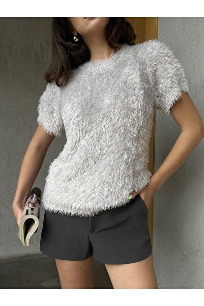 minaaise سترة نسائية رمادية قصيرة الأكمام من القطيفة 5282