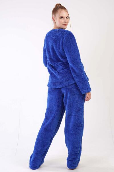 VİENETTA Kadın İndigo Renk Uzun Kollu Wellsoft Kumaş Bisiklet Yaka Düz Paça Pijama Takımı C7T2N2503