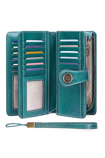 OptimStar Portofel de damă, piele naturală, blocare RFID, 19.5x11.5x3.5cm, 3 compartimente principale, albastru păun